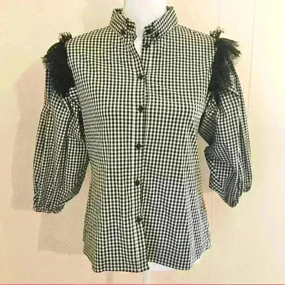 IMPERIAL Checkered Lace Puff Sleeve Blouse - Picture 1 of 7
